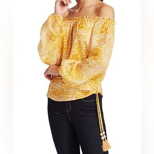 Ramy Brook Camellia Off-the-Shoulder Abstract Animal Print Yellow Silk Blouse XL